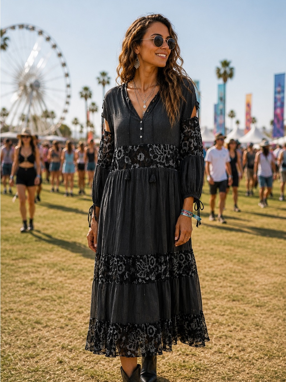 POL Washed Black Cotton/Poly Mix Long Sleeve Dress with Lace Size Small
